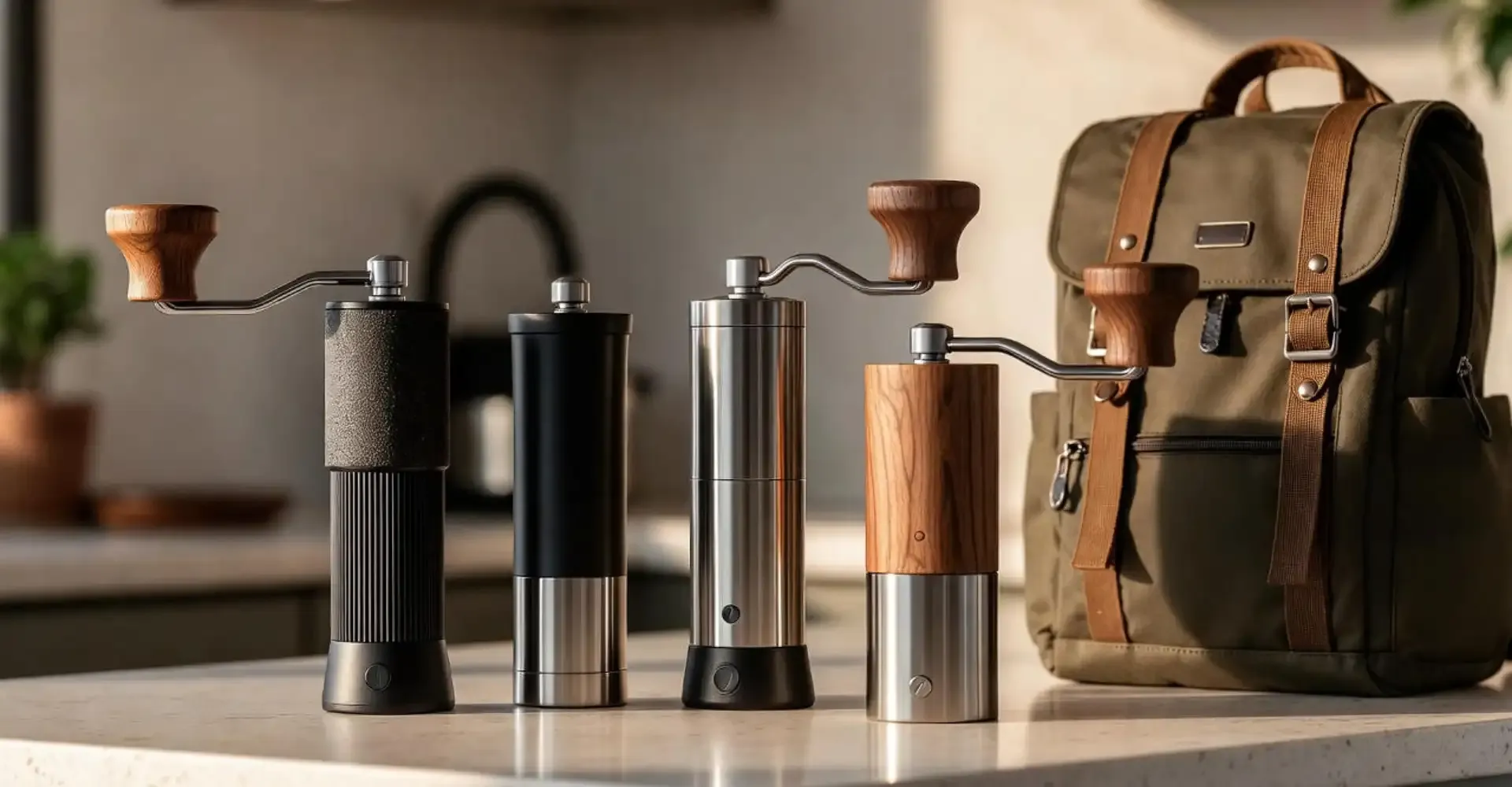 A selection of the best manual coffee grinders for travel, ready for a trip.