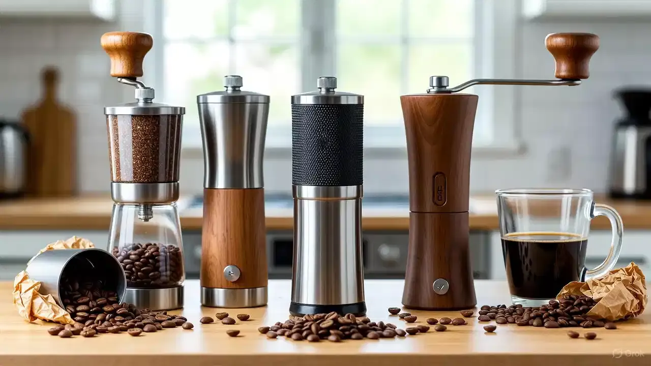 Selection of premium manual coffee grinders for pour over brewing on a modern coffee bar
